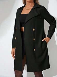 EURMUSE Double Breasted Belted Trench Coat - 黑色 - 查看 4