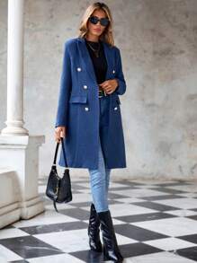 EURMUSE Flap Detail Double Breasted Blazer - Navy Blue - View 3