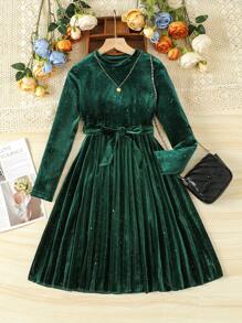 SHEIN Tween Girl Solid Color Round Neck Long Sleeve Pleated Hem Fashionable Dress - Green - View 1