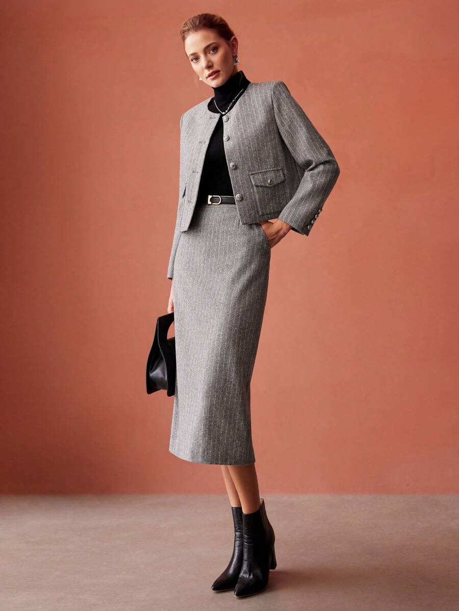 MOTF PREMIUM Len In sọc Nút phía trước Áo khoác