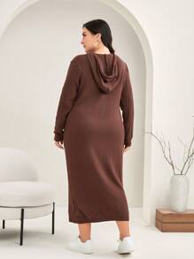 Mulvari Plus Drop Shoulder Drawstring Hooded Sweater Dress - Coffee Brown - View 2