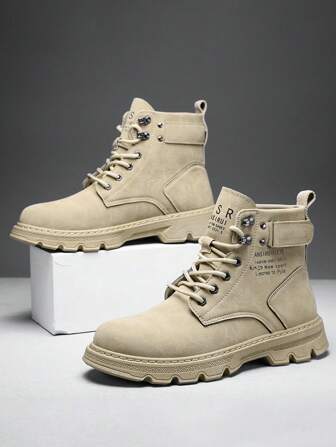 Khaki Men's Boots With Letter Pattern & Laces