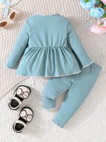 女嬰波卡圓點木耳邊花邊下擺上衣&緊身打底褲