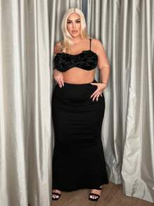 SHEIN SXY 大碼立體花卉前吊帶上衣 - 黑色 - 查看 6