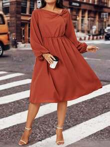 Celure Plus Asymmetrical Neck Lantern Sleeve Dress - Redwood - View 5