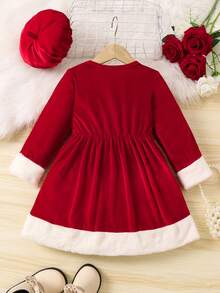SHEIN Cô Gái Trẻ Viền tương phản Khóa Mặt trước Đầm Với mũ Đối với Giáng sinh - Đỏ - Xem 2