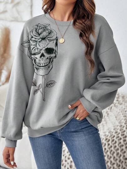 SHEIN LUNE Women's Casual Skull Minimalist Print Oversized Drop Shoulder Loose Fit Pullover Sweatshirt, Suitable For Autumn Winter,Long Sleeve Tops Autumn And Winter Halloween