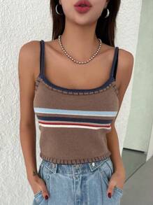 Dazy Star Striped Pattern Cami Knit Top Without Blouse,Fall Clothes - Brown - View 5