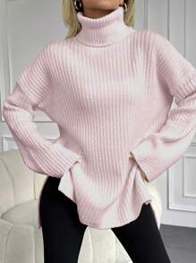 EURMUSE Jersey cuello alto de hombros caídos bajo con abertura - Rosa - Ver 3