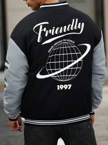 Manfinity Roughcore Men's Text Print Color-Blocked Oversized Baseball Padded Coat - Black - View 2