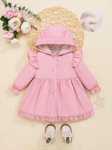 SHEIN Baby Girl Ruffle Trim Flounce Sleeve Hooded Coat - Pink - View 1