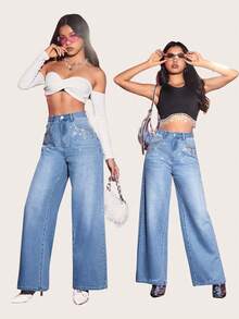 SHEIN Rhinestone Chi tiết quần ống rộng Quần jean - Rửa nhẹ - Xem 7