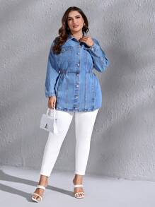 SHEIN Privé Hơn Thả vai Túi có nắp Áo khoác denim - Màu xanh lam - Xem 3