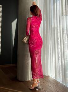 Aloruh In hoa Cổ giả Lưới Váy bodycon Không có bộ đồ lót - Nhiều màu - Xem 2