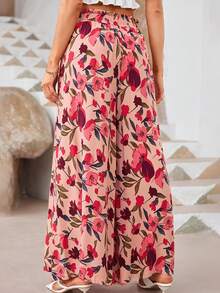 Floral Print Wide Leg Pants - Rose Red - View 2