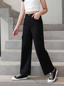 女大童側翻蓋口袋工裝牛仔褲 - 黑色 - 查看 5