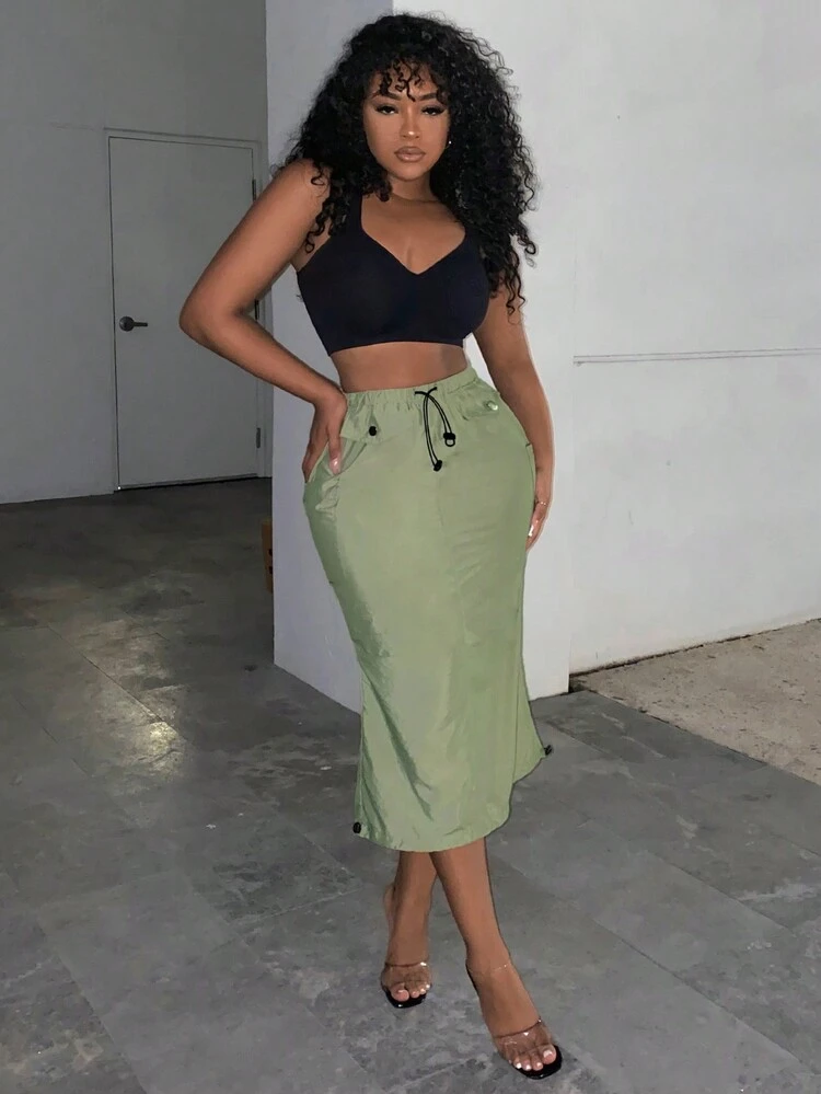Drawstring Waist Patch Pocket Skirt
