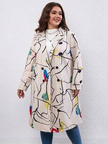 SHEIN LUNE Plus Graphic Print Lapel Neck Overcoat - Apricot - View 4