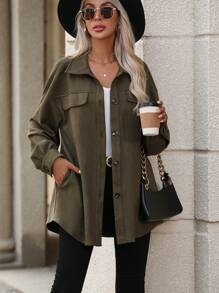 SHEIN LUNE Flap Detail Drop Shoulder Suedette Coat - Army Green - View 1