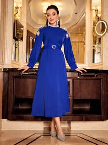Modelyn Beaded Detail Mock Neck Belted Dress - Blue - View 4