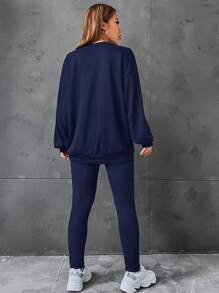 SHEIN EZwear Slogan Patched Drop Shoulder Sweatshirt & Leggings - Navy Blue - View 2