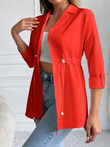 EURMUSE Solid Lapel Neck Drawstring Waist Coat - Red - View 5