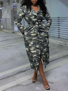 Slaydiva Camo Print Belted Longline Coat - Army Green - View 4