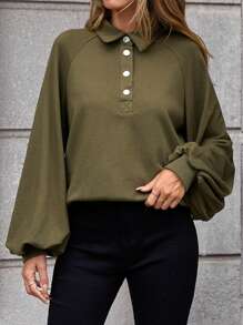 SHEIN LUNE Half Button Raglan Sleeve Sweatshirt - Army Green - View 2