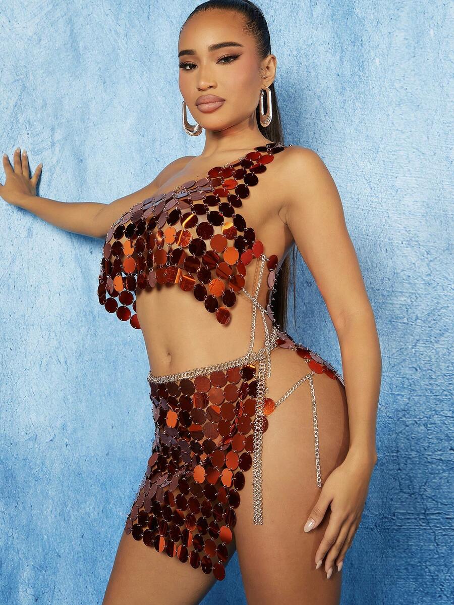 SHEIN SXY Sequin Decor One Shoulder Top & Split Thigh Skirt - Coral Orange - View 1