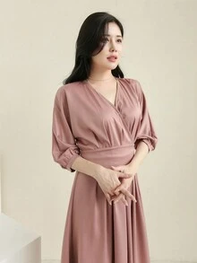 DAZY 女士v領燈籠袖高腰摺褶連衣裙 - 粉色 - 查看 3