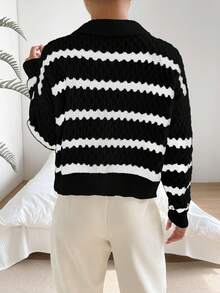 SHEIN Unity 條紋圖案落肩袖套頭毛衣 - 黑與白 - 查看 2