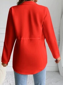 EURMUSE Solid Lapel Neck Drawstring Waist Coat - Red - View 2