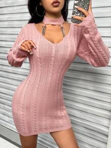 SHEIN Privé Chain Detail Cut Out Cable Knit Sweater Dress - Pink - View 6
