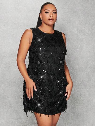 SHEIN BAE 1 st svarta fransar paljettdekor damklänning, nyårsaftonoutfit