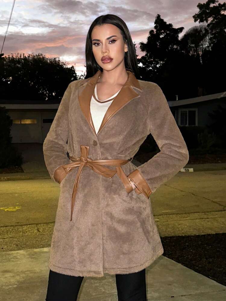 Lapel Neck Belted Flannelette Coat Fall Cloth For Women