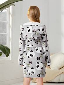 SHEIN Cô gái Tween Hình ảnh Panda & Chữ cái áo có mũ Thắt lưng Flannel Áo choàng ngủ - Màu Xám nhạt - Xem 2