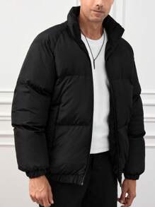 RueChic Men Raglan Sleeve Zipper Puffer Coat - Black - View 3
