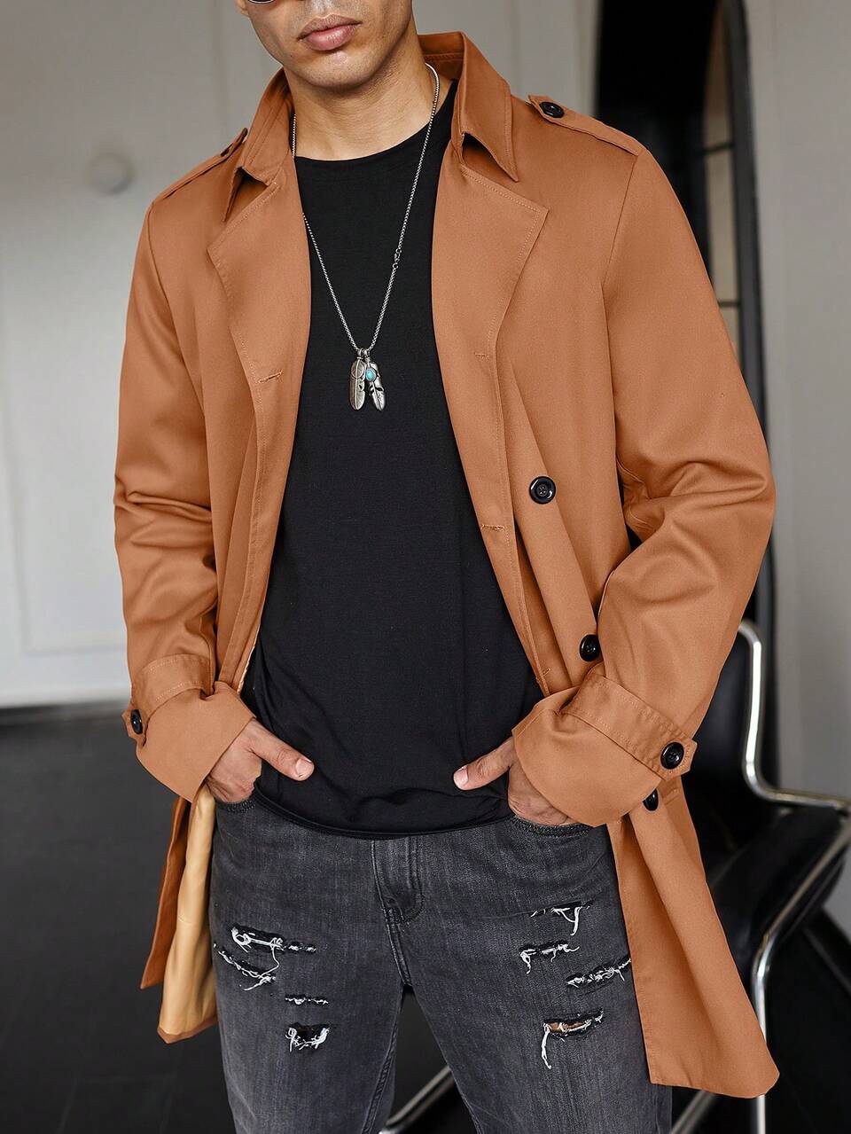 Men Double Breasted Trench Coat