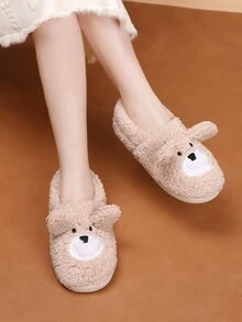 Embroidered Detail Bear Design Fuzzy Novelty Slippers - Khaki - View 5