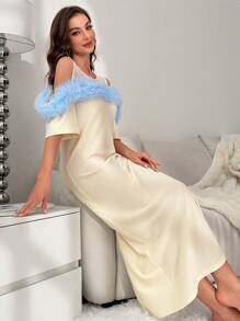 Women Nightgowns & Sleepshirts Kontras Faux Fur Kontras Mesh Ruffle Blok Warna Cantik-Mewah - Aprikot - View 1