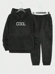 RueChic Nam Thêu Chữ Túi kangaroo Teddy Hoodie & Quần - màu đen - Xem 1