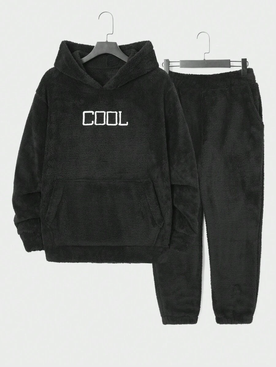 RueChic Nam Thêu Chữ Túi kangaroo Teddy Hoodie & Quần - màu đen - Xem 1