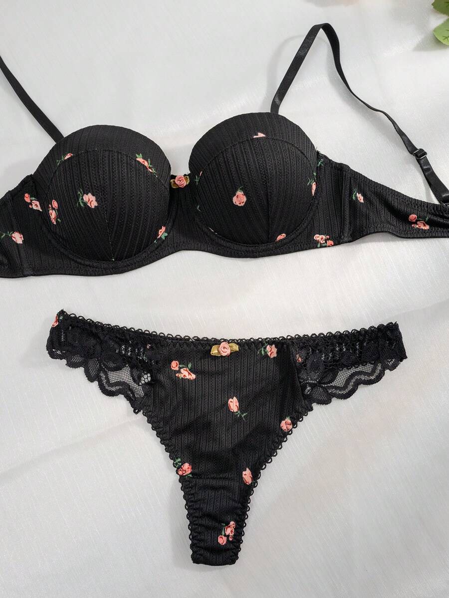 Floral Print Lettuce Trim Underwire Bra & Panty Lingerie Set - Black - View 1
