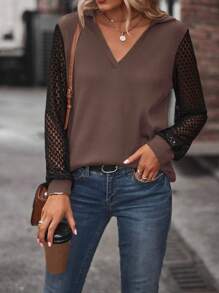 SHEIN LUNE Contrast Lace Sleeve V Neck Sweatshirt Pullover Fall Sweatshirt - Coffee Brown - View 3