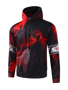 Men's Loose Fit Hooded Sweatshirt With Wolf & Letter Print - Multicolor - View 7