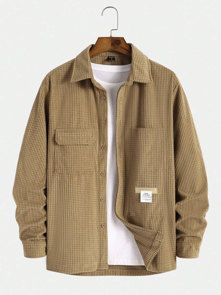 Manfinity Hypemode Nam Chi tiết Patched thư Túi có nắp Vải to sợi Áo khoác kiểu sơ mi Without Tee - Màu Khaki - Xem 1