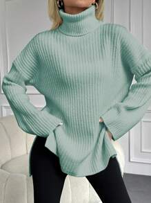 EURMUSE Turtleneck Drop Shoulder Split Hem Sweater - Mint Green - View 4
