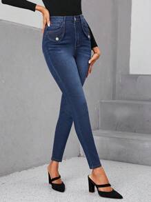 SHEIN LUNE Jeans ajustados de talle alto - Azul lavado medio - Ver 4