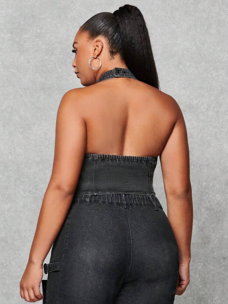 Plus Button Front Halter Neck Denim Top