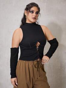 ROMWE PUNK Plus Lace Up Front Top-stitching Mock Neck Top - Multicolor - View 4